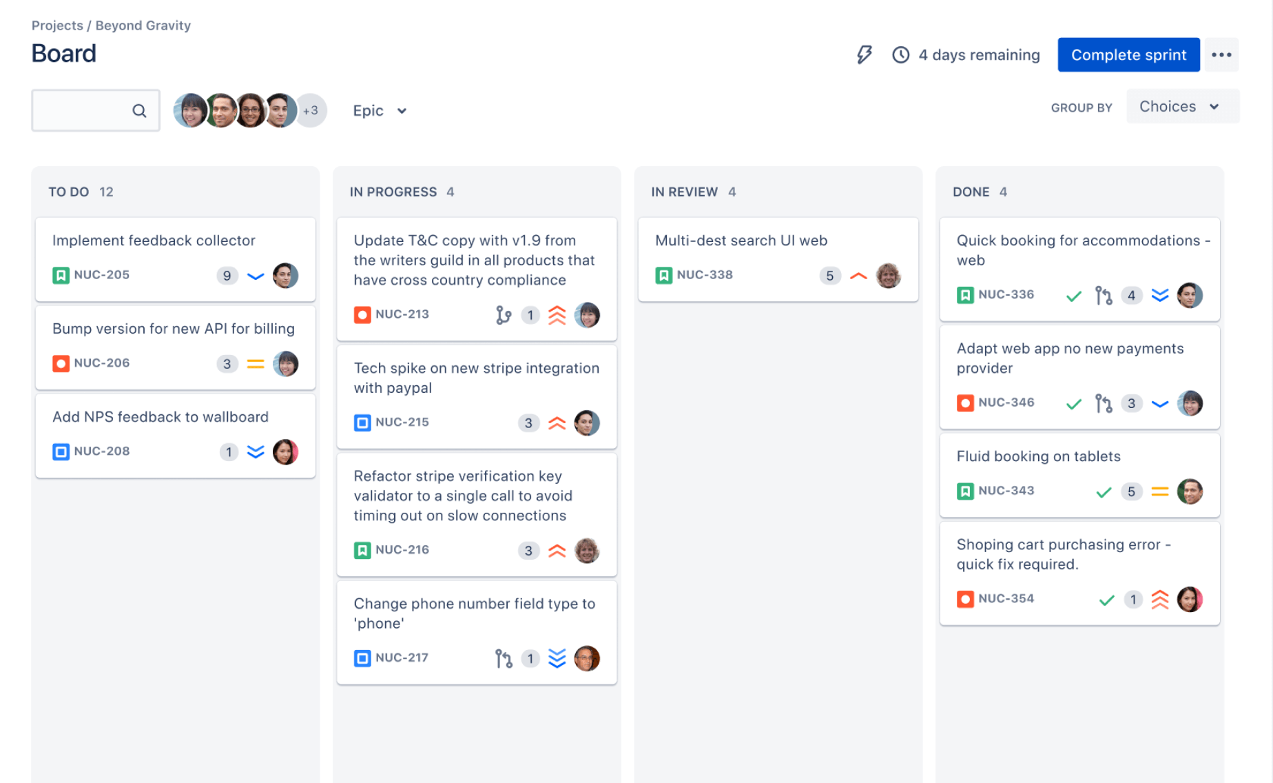 Voorbeeld van een scrumbord in Jira Software